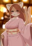  2022 2_tails absurd_res anthro asian_clothing asian_mythology beauty_mark big_breasts blush breasts clothed clothing cute_fangs digital_media_(artwork) domestic_cat east_asian_clothing east_asian_mythology felid feline felis female female_anthro fur hair hi_res horokusa0519 japanese_clothing japanese_mythology kemono looking_at_viewer mammal multi_tail mythology nekomata solo yokai yukata 