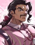 1boy bara black_hair collared_shirt facial_hair highres looking_at_viewer male_focus manly mature_male muscular muscular_male mustache osuchichi_bz pectorals pink_background pink_eyes pokemon pokemon_(game) pokemon_sv ponytail saguaro_(pokemon) shirt solo thick_eyebrows 