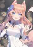  1girl :d animal_ear_fluff animal_ears blue_eyes blue_ribbon clothing_cutout commission flower hair_flower hair_ornament highres hizuki_rurufu holding holding_microphone long_hair looking_at_viewer microphone neck_ribbon nonono_(1399900) pink_hair ribbon skeb_commission smile snack_nili solo upper_body virtual_youtuber wolf_ears wolf_girl 