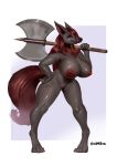  absurd_res anthro axe battle_axe big_breasts black_body breasts canid canine female genitals goldmikun hair hi_res holding_axe mammal melee_weapon nipples nude pussy red_hair solo weapon 
