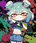  1girl alternate_costume bangs black_bow black_gloves blue_shorts bow butterfly_in_eye cephalopod_eyes collar cowboy_shot detached_collar earrings gloves gradient_gloves green_hair highres hime_cut hololive inkling inkling_girl jewelry looking_at_viewer medium_hair outstretched_hand paint_splatter shorts sidelocks simple_background splatoon_(series) splatter squid strapless tanaka_yutti tentacle_hair tentacles tube_top uruha_rushia virtual_youtuber 