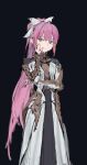  1girl absurdres armor armored_dress black_background blue_eyes bow closed_mouth dress hair_bow highres jaeyeong long_sleeves looking_at_viewer original pink_hair ponytail simple_background sketch smile smirk solo standing white_bow white_dress 