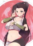  1girl aged_up bangs black_hair black_shorts breasts brown_eyes cleavage commentary_request crop_top dermar fingerless_gloves gloves green_gloves high_ponytail highres kunoichi_tsubaki_no_mune_no_uchi large_breasts long_hair midriff navel ninja pelvic_curtain revision short_sleeves shorts solo tsubaki_(kunoichi_tsubaki_no_mune_no_uchi) 