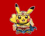  :3 animal_focus arms_up blacknirrow blue_cape blue_skirt blush_stickers brown_eyes cape clothed_pokemon commentary cosplay dc_comics english_commentary full_body glowing happy headband holding holding_rope justice_league looking_at_viewer miniskirt no_humans open_mouth outline pikachu pleated_skirt pokemon pokemon_(creature) red_background red_footwear red_shirt rope shirt shoes simple_background skirt smile solo standing star_(symbol) straight-on strapless strapless_shirt white_outline wonder_woman wonder_woman_(cosplay) wonder_woman_(series) wristband yellow_headband 