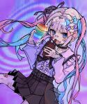  1girl bandaid bangs black_skirt blonde_hair blouse blue_bow blue_eyes blue_hair blue_nails bow choker chouzetsusaikawa_tenshi-chan drink frills hair_bow hair_ribbon highres holding holding_drink holding_phone long_hair long_sleeves looking_at_viewer multicolored_hair multicolored_nails needy_girl_overdose official_alternate_costume open_mouth phone pink_bow pink_hair pink_nails pink_shirt purple_bow qaz_(qa31281914) ribbon shirt skirt solo suspenders twintails very_long_hair wrist_cutting yellow_nails 