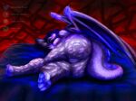  andy_234 anthro anus bed breasts dragon furniture genitals glowing glowing_body hair hi_res hyaenid hybrid lying mammal on_side paws purple_body pussy red_background simple_background tail wings 