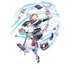  1girl aiming annette_fantine_dominic arrow_(projectile) bandana blue_eyes boots bow_(weapon) breasts candy candy_cane cape cleavage closed_eyes cookie dress fire_emblem fire_emblem:_three_houses fire_emblem_heroes fire_emblem_warriors:_three_hopes food gift gingerbread_man gloves hair_rings holding holding_arrow holding_candy holding_candy_cane holding_food official_alternate_costume official_alternate_hairstyle official_art orange_hair red_cape small_breasts solo teeth upper_teeth weapon white_dress 