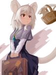  1girl absurdres animal_ears bangs basket blush breasts capelet clip_studio_paint_(medium) closed_mouth commentary_request crystal dress grey_capelet grey_dress grey_hair highres holding_luggage jewelry layered_clothes lenserd long_sleeves looking_afar mouse mouse_ears mouse_girl mouse_tail nazrin paid_reward_available pendant red_eyes shirt small_breasts solo tail touhou white_shirt 