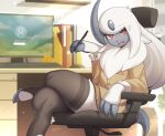  2022 3_fingers absol absurd_res anthro chair claws clothed clothing computer_monitor crossed_legs digital_media_(artwork) feet female female_anthro finger_claws fingers fur furniture generation_3_pokemon grey_body hair hi_res holding_object kemono looking_at_viewer lute_(zinfyu) nintendo office_chair pokemon pokemon_(species) sitting solo toe_claws toes video_games white_body white_fur white_hair zinfyu 