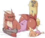  anthro avian big_butt bird blaziken blonde_hair blue_eyes breasts butt clothed clothing feathers female generation_3_pokemon genitals hair hi_res larger_female lying mcfli nintendo on_front pokemon pokemon_(species) purple_clothing size_difference torchic video_games 