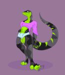  3_toes absurd_res anthro bottomwear bulge clothing crop_top feet hi_res lizard looking_at_viewer male reptile scalie shirt shorts simple_background skinny skinny_anthro smile solo solo_focus standing toes topwear 