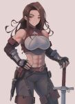  1girl abs armor black_gloves black_pants breasts brown_hair commission dagger fingerless_gloves freckles gloves greaves grey_background grey_eyes hand_on_hip highres holding holding_sword holding_weapon knife long_hair looking_at_viewer medium_breasts midriff muscular muscular_female obliques original pants pouch scar scar_across_eye simple_background smile solo standing sword weapon zhvo 
