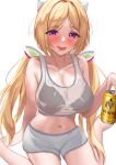  1girl absurdres aki_rosenthal beer_can black_bra blonde_hair blush bra breasts can cleavage detached_hair hair_ornament haro_art highres hololive large_breasts navel purple_eyes saliva see-through simple_background sitting solo twintails underwear virtual_youtuber wariza 