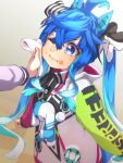  1girl ;i @_@ ahoge animal_ears aqua_hair bangs blue_eyes blue_hair clothes_writing commentary_request crossed_bangs drawstring food food_on_face hair_between_eyes hair_ribbon highres horse_ears jacket long_hair long_sleeves multicolored_hair one_eye_closed out_of_frame ribbon solo_focus streaked_hair stuffed_animal stuffed_toy thin_(suzuneya) twin_turbo_(umamusume) twintails umamusume very_long_hair white_hair wiping_face 