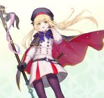  1girl artoria_caster_(fate) artoria_caster_(second_ascension)_(fate) artoria_pendragon_(fate) bangs black_gloves blonde_hair buttons capelet commentary_request double-breasted dutch_angle fate/grand_order fate_(series) gloves green_eyes hand_in_own_hair hat highres long_hair long_sleeves looking_at_viewer mage_staff multicolored_capelet pantyhose short_sword skirt smile solo staff striped_belt sword teeth thighs upper_teeth waterstaring weapon 