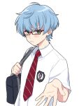  1boy bag blue_hair blush collared_shirt ddd1919a green_eyes habataki_academy_uniform himuro_inori light_frown looking_at_viewer male_focus necktie pov reaching_towards_viewer red-framed_eyewear red_necktie school_bag school_uniform shirt tokimeki_memorial tokimeki_memorial_girl&#039;s_side tokimeki_memorial_girl&#039;s_side_4th_heart 