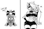  anthro arm_warmers armwear blush blush_lines bottomwear bow_tie breasts canid canid_demon cleavage clothed clothing crop_top curved_horn demon dialogue duo english_text female ghastlygh goth greyscale hair hair_over_eye half-closed_eyes hellhound helluva_boss horn humor imp long_hair loona_(helluva_boss) male mammal miniskirt monochrome moxxie_(helluva_boss) narrowed_eyes one_eye_obstructed open_mouth shirt simple_background skirt text thick_thighs topwear white_background wide_eyed wide_hips 