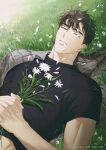  1boy artist_name black_shirt brown_hair copyright_name daisy flannel flower green_eyes holding holding_flower jaxx_s2 looking_at_viewer matthew_raynor muscular muscular_male on_grass one_eye_closed petals shirt solo under_the_greenlight 