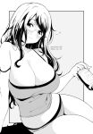  1girl breasts can cleavage commentary_request dated grey_background greyscale highres holding holding_can kichihachi large_breasts long_hair looking_at_viewer monochrome original sitting smile solo two-tone_background white_background 