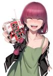  1girl :d alcohol armpit_crease bocchi_the_rock! braid closed_eyes drinking_straw earrings hiroi_kikuri jacket jewelry letterman_jacket nail_polish red_hair sake sharp_teeth smile teeth umihotaru_harumare white_background 