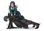  1boy 1girl armor black_gloves black_hair black_pants boots byleth_(fire_emblem) byleth_(fire_emblem)_(male) exercise fire_emblem fire_emblem:_three_houses girl_on_top gloves hiomaika jacket pants push-ups shamir_nevrand sitting twitter_username white_background 