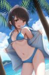  1girl :d arisu_kazumi backlighting beach bikini black_hair blue_bikini blue_sky blush breasts cardigan cloud collarbone covered_nipples cowboy_shot flashing hair_ornament hairclip looking_at_viewer medium_breasts navel ocean open_cardigan open_clothes open_mouth original outdoors palm_tree ponytail short_hair sky smile solo standing stomach swimsuit tree 