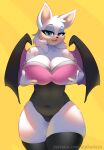  alphadesu anthro artist_name big_breasts blue_eyes breasts chiropteran cleavage clothed clothing female fingers fur half-closed_eyes hi_res holding_breast huge_breasts legwear looking_at_viewer narrowed_eyes navel open_mouth portrait rouge_the_bat sega solo sonic_the_hedgehog_(series) standing stockings text thick_thighs thigh_highs three-quarter_portrait url white_body white_fur wide_hips wings 