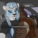  anthro bakari_abamwemwande_(character) bent_over big_chief_bakari_(artist) black_nose blue_eyes blue_hair bodypaint bottomwear braided_hair brown_body brown_fur brown_hair butt car clothed clothing drive-thru duo face_paint fangs felid fur grey_body grey_fur hair he_wants_to_order hi_res leaning_over loincloth looking_at_viewer machairodontine male mammal meme partially_clothed rear_view sabertooth_(anatomy) snapchat steingrimr_(character) vehicle 