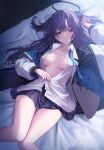  1girl arm_up bangs blue_archive blush breasts breasts_apart collared_shirt dress_shirt from_above hair_ornament halo highres jacket long_hair long_sleeves lying medium_breasts miniskirt no_bra on_back on_bed open_clothes open_jacket open_shirt parted_lips partially_unbuttoned puffy_long_sleeves puffy_sleeves purple_eyes purple_hair shirt skirt solo takashima_shoa two_side_up white_shirt yuuka_(blue_archive) 
