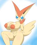  5_fingers absurd_res anthro areola big_breasts blue_eyes breasts female fingers fur generation_5_pokemon hi_res legendary_pokemon nintendo nipples orange_areola pokemon pokemon_(species) shmeepo simple_background solo tan_body tan_fur victini video_games wings 