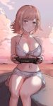  1girl beach bikini cloud cloudy_sky frilled_bikini frills handheld_game_console holding holding_handheld_game_console ippers looking_at_viewer nanami_chiaki navel on_rock parted_lips sitting sitting_on_rock sky solo steam_deck swimsuit white_bikini 