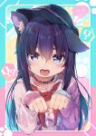  1girl absurdres akatsuki_(kancolle) alternate_costume anchor_symbol animal_ears black_choker black_hair black_headwear cat_ears choker flat_cap hat highres kantai_collection long_hair neckerchief open_mouth paw_pose pink_sweater red_neckerchief solo sweater taisho_(gumiyuki) teeth upper_body upper_teeth 