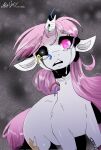 2022 black_sclera bodily_fluids broken broken_horn crying cutie_mark equid equine eyelashes feral hair hasbro hi_res horn horse looking_at_viewer machine mammal my_little_pony open_mouth pink_eyes pink_hair pink_tail pony raljoy robot signature solo tears teeth unicorn vulcan_sylva white_eyes 