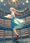  1girl aran_sweater armillary_sphere balcony bangs blonde_hair blue_eyes blue_skirt book bookshelf braid bright_pupils brown_footwear cable_knit checkered_floor dome floating_hair from_below from_side full_body highres holding holding_book loafers long_hair looking_at_viewer looking_to_the_side night open_book orange_socks original parted_lips perspective pleated_skirt shoes skirt socks solo standing stellated_octahedron sweater tiptoes twin_braids ugonba_(howatoro) white_pupils white_sweater window 
