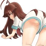  1girl ahoge all_fours brown_eyes brown_hair feet_out_of_frame from_behind huge_ahoge kantai_collection kujira_naoto kuma_(kancolle) long_hair looking_at_viewer looking_back panties panties_under_shorts pantyshot shirt shorts simple_background solo striped striped_panties underwear white_background white_shirt white_shorts 