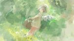  1girl angel_wings backlighting bad_drawr_id bad_id bangs blunt_bangs blurry bokeh brown_hair closed_mouth depth_of_field dress dutch_angle expressionless feathered_wings forest from_behind full_body grass green_dress green_theme halo holding holding_suitcase looking_at_viewer looking_back nature nonica oekaki original outdoors scenery short_hair short_sleeves solo standing suitcase sunlight tree white_wings wings 