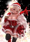  1girl absurdres bangs bare_shoulders black_thighhighs blonde_hair blush bow breasts christmas_tree cleavage dress fur-trimmed_dress fur-trimmed_headwear fur_trim gibun_(sozoshu) gloves hair_bow hair_ornament highres holding holding_sack large_breasts looking_at_viewer lycoris_recoil night nishikigi_chisato open_mouth red_eyes red_gloves red_headwear sack santa_costume santa_dress santa_gloves short_hair smile thighhighs 
