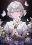  1girl animal bangs blue_flower breasts brown_eyes bug butterfly commentary dress english_commentary flower grey_hair hair_between_eyes hands_up highres holding holding_flower iren_lovel looking_at_viewer medium_breasts original parted_lips purple_flower short_hair solo white_dress white_flower 