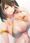  1girl :d arknights armlet bangs bare_shoulders bikini black_hair breasts commentary_request criss-cross_halter dermar grey_background grey_bikini hair_between_eyes halterneck hand_up highres large_breasts looking_at_viewer magallan_(arknights) multicolored_hair navel open_mouth revision short_hair smile solo stomach streaked_hair swimsuit upper_body yellow_eyes 