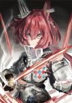  1girl absurdres animal_ears arknights bangs black_gloves closed_mouth commentary flametail_(arknights) gambeson gloves hair_between_eyes highres holding holding_weapon kakuriyo_rei long_bangs looking_at_viewer red_hair short_hair solo upper_body weapon 
