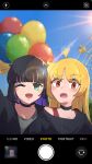  2girls :d absurdres ahoge balloon black_coat black_hair black_shirt blonde_hair blue_sky blush bocchi_the_rock! bra_strap chameleon_ch chin_piercing choker coat colored_inner_hair confused ferris_wheel green_eyes highres ijichi_seika long_hair multicolored_hair multiple_girls off-shoulder_shirt off_shoulder one_eye_closed open_clothes open_coat pa-san phone_screen red_eyes shirt sky smile very_long_hair yuri 