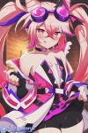  1girl bare_shoulders belt bike_shorts blush breasts choker cleavage clothes_lift collarbone drill_hair elsword fingerless_gloves gloves goggles goggles_on_head heart heart_choker jacket laby_(elsword) pink_eyes pointy_ears ribbon slit_pupils sollyz tongue tongue_out twins_picaro_(elsword) twintails 