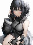  1girl absurdres arknights bangs bare_shoulders black_coat black_gloves black_hair blue_eyes blush breasts coat commentary fingerless_gloves fur-trimmed_coat fur_trim gloves grey_shirt hair_intakes hair_ornament hairclip hand_up highres la_pluma_(arknights) looking_at_viewer parted_lips shirt short_hair simple_background sleeveless sleeveless_shirt solo tab_head thigh_strap white_background 