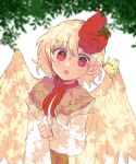  1girl animal bird bird_wings blonde_hair blush chick dress feathered_wings hair_between_eyes itomugi-kun long_sleeves multicolored_hair niwatari_kutaka open_mouth orange_dress red_eyes red_hair shirt short_hair solo touhou two-tone_hair upper_body white_shirt wings yellow_wings 