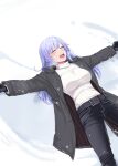  1girl ^_^ ^o^ absurdres belt black_gloves blue_hair blush breasts closed_eyes coat gloves highres kuon_bb long_hair lying on_back original outstretched_arms snow solo winter_clothes winter_coat 