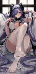  1girl :o arm_garter arm_up august_von_parseval_(azur_lane) august_von_parseval_(the_conquered_unhulde)_(azur_lane) azur_lane black_ribbon breasts cleavage cleavage_cutout clothing_cutout commentary_request curled_horns dress feet foot_up frilled_dress frilled_garter frilled_hairband frills full_body garter_straps hair_over_one_eye hairband hand_in_own_hair hand_up highres horns indoors kandzume_(kandume200) lace-trimmed_legwear lace_trim large_breasts legs long_hair looking_at_viewer maid maid_headdress mechanical_horns neck_ribbon no_shoes official_alternate_costume one_eye_covered parted_lips purple_eyes purple_hair ribbon see-through see-through_legwear sitting sleeveless sleeveless_dress solo thighhighs thighs toes two-tone_dress very_long_hair white_garter_straps white_hairband white_thighhighs 
