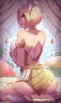  1girl ahri_(league_of_legends) animal_ear_fluff animal_ears artist_name ass backless_outfit bare_back bare_shoulders blonde_hair breast_hold breasts bridal_legwear choker closed_mouth crystal_tail curtains earrings english_commentary facial_mark fox_ears fox_girl fox_tail full_body gem heart heart_earrings highres himmely indoors jewelry k/da_(league_of_legends) k/da_ahri k/da_ahri_prestige_edition large_breasts league_of_legends lips looking_at_viewer looking_back official_alternate_costume patreon_username plant pointy_nose seiza sitting smile solo sparkle spread_legs tail thick_eyebrows thigh_strap thighs watermark whisker_markings window yellow_choker yellow_eyes 