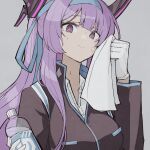  1girl :&gt; bangs black_jacket blue_archive blue_headband bottle breasts closed_mouth commentary gloves grey_background hair_between_eyes handkerchief headband highres holding holding_bottle holding_handkerchief jacket large_breasts long_hair long_sleeves looking_at_viewer looking_down official_alternate_costume ponytail purple_eyes purple_hair shirt simple_background solo sweat upper_body utaha_(blue_archive) utaha_(cheerleader)_(blue_archive) vbvpahw9 water_bottle white_gloves white_shirt 