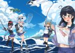  4girls aircraft aircraft_request airplane akebono_(kancolle) akebono_kai_ni_(kancolle) apron bandaid bandaid_on_face bell black_hair black_thighhighs black_vest blue_eyes blue_sailor_collar blue_skirt blue_sky butterfly_net cardigan cloud collar commentary_request cowboy_shot day fish fishing fishing_rod flower flying_boat frilled_collar frills full_body hair_bell hair_bobbles hair_flower hair_ornament hand_net jingle_bell kantai_collection knee_pads light_brown_hair long_hair machinery multiple_girls oboro_(kancolle) oboro_kai_(kancolle) open_cardigan open_clothes osananajimi_neko outdoors pink_eyes pink_hair pleated_skirt puffy_short_sleeves puffy_sleeves purple_cardigan purple_eyes purple_hair sailor_collar sazanami_(kancolle) sazanami_kai_(kancolle) school_uniform serafuku shirt_tug short_hair short_sleeves side_ponytail skirt sky smokestack thighhighs torn_clothes twintails ushio_(kancolle) very_long_hair vest waist_apron white_apron wrist_cuffs 