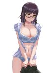  1girl absurdres bangs black_hair black_skirt blue_bra blue_panties blunt_bangs blush bra breasts character_request cleavage collarbone commentary frilled_skirt frills glasses highres holding isekai_ojisan kyouji44288608 lace-trimmed_bra lace-trimmed_panties lace_trim large_breasts legs_apart looking_at_viewer navel nostrils open_clothes open_shirt panties parted_bangs shirt simple_background skirt sleeveless sleeveless_shirt solo standing stomach underwear wavy_mouth white_background white_shirt yellow_eyes 